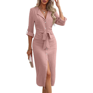 MQTIME  -  Spring Summer New Simple Solid Color Women Long Sleeve Dress Fashion Single Breasted V-neck Female Hip Wrap Dresses